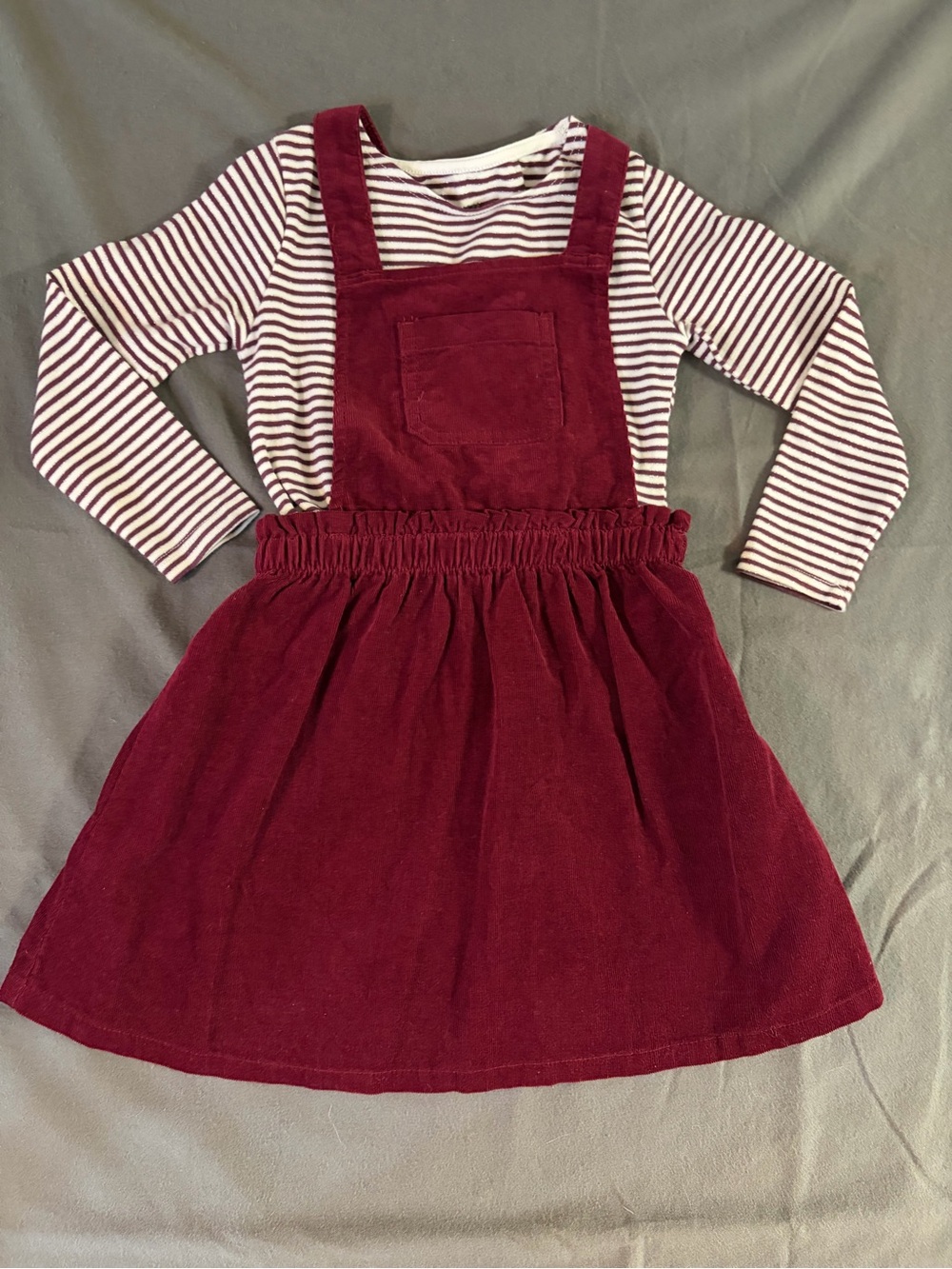 Cat n Jack Burgundy Corduroy Pinafore Dress H&M White & Burgundy Striped Top